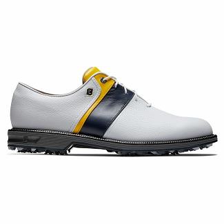 Men's Footjoy Premiere Series Packard Spikes Golf Shoes White/Navy/Yellow NZ-528271